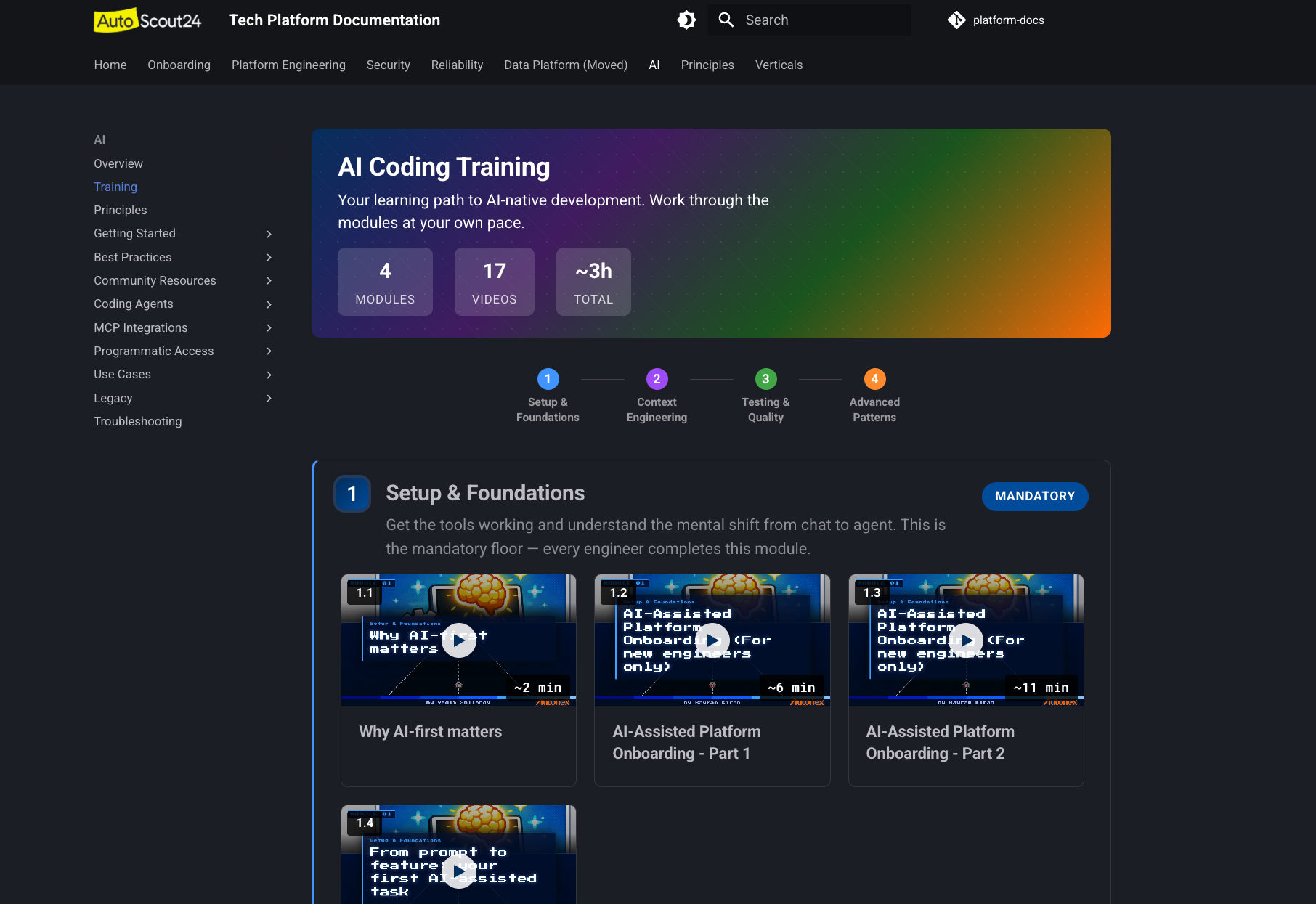 AI Coding Training page in Platform Docs