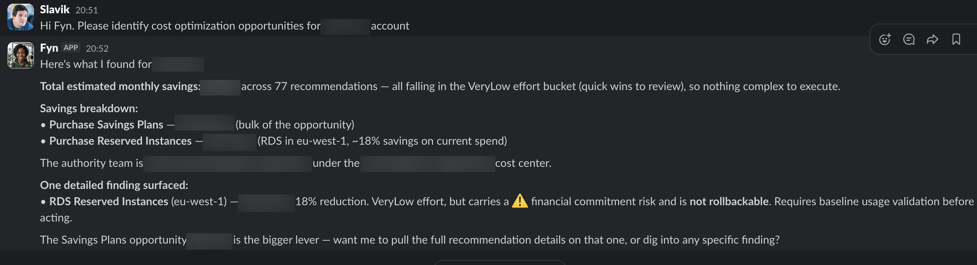Fyn reporting AWS Cost Optimization Hub savings opportunities for an AWS account in Slack