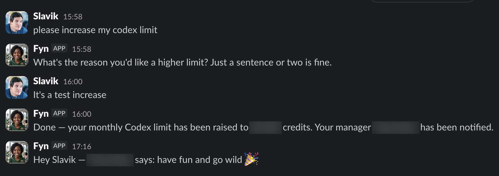 Fyn raising a Codex credit limit in Slack after asking for a reason, then notifying the manager and relaying the reply