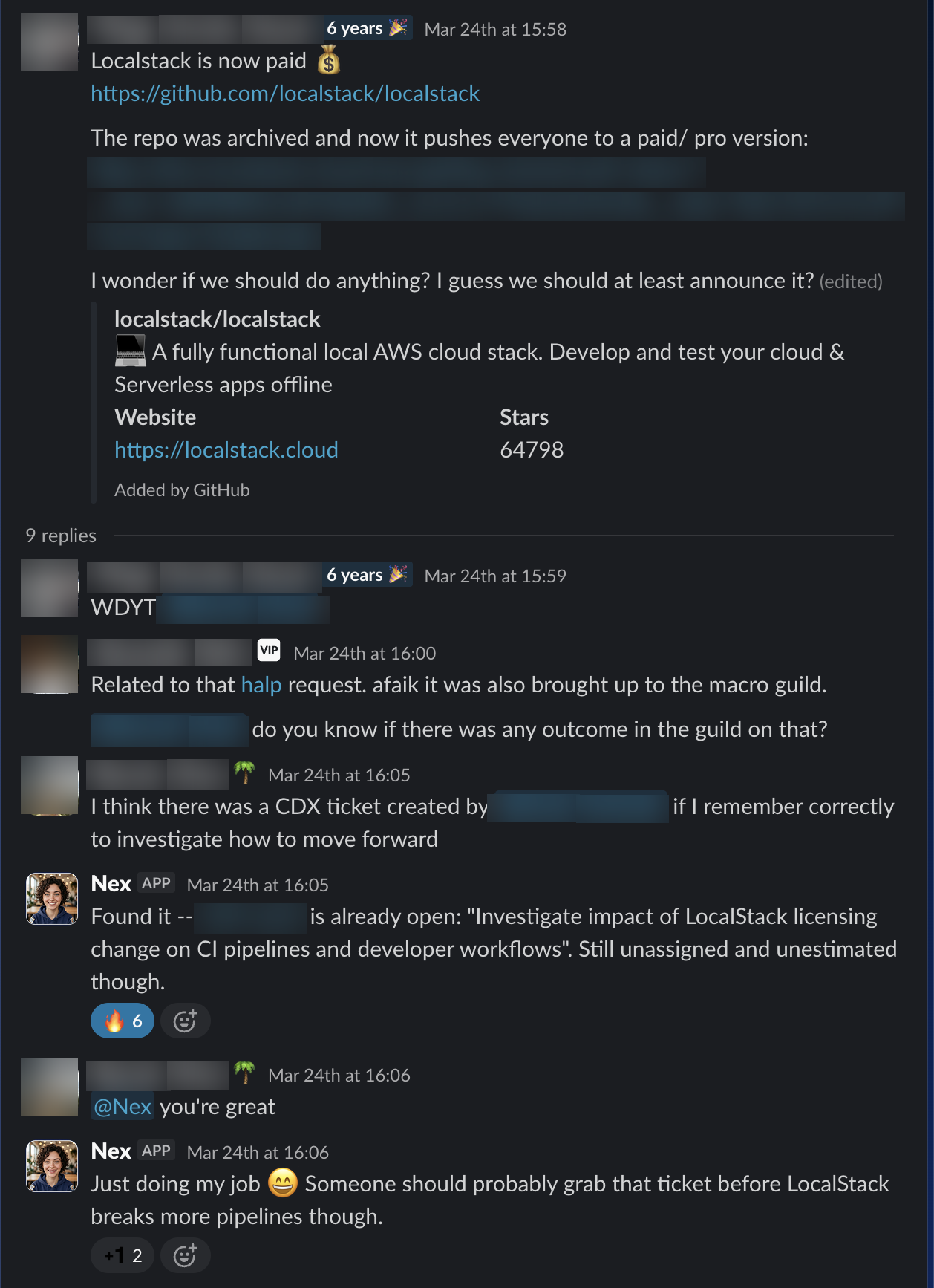 Nex joining a Slack thread uninvited to surface an existing Jira ticket, and the team reacting with fire emojis