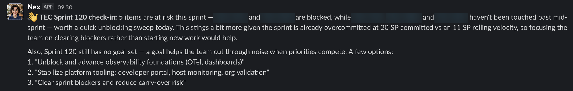 Nex AI scrum master posting a sprint check-in in Slack with at-risk Jira items, an overcommitment warning and suggested sprint goals