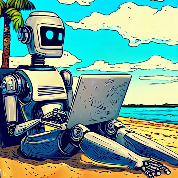 A humanoid robot writing a blog post on his laptop on the beach