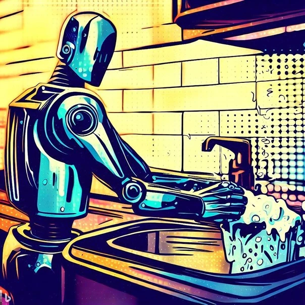A humanoid robot washing the dishes.