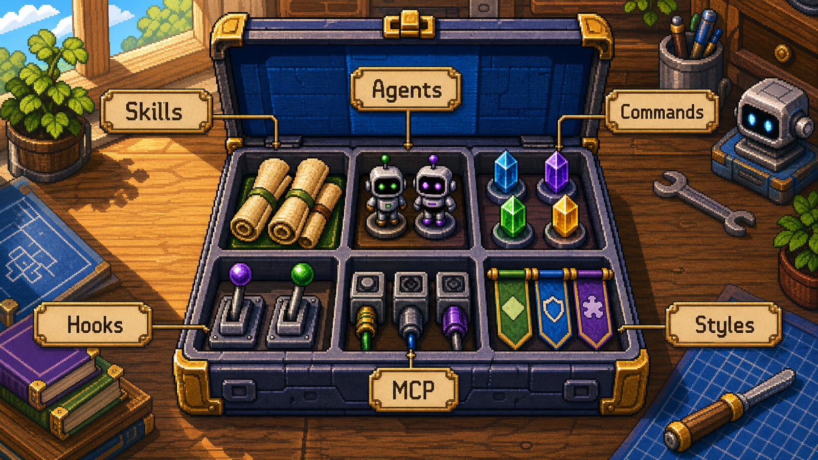 An opened pixel-art plugin package showing labeled compartments for skills, agents, commands, hooks, MCP, and styles