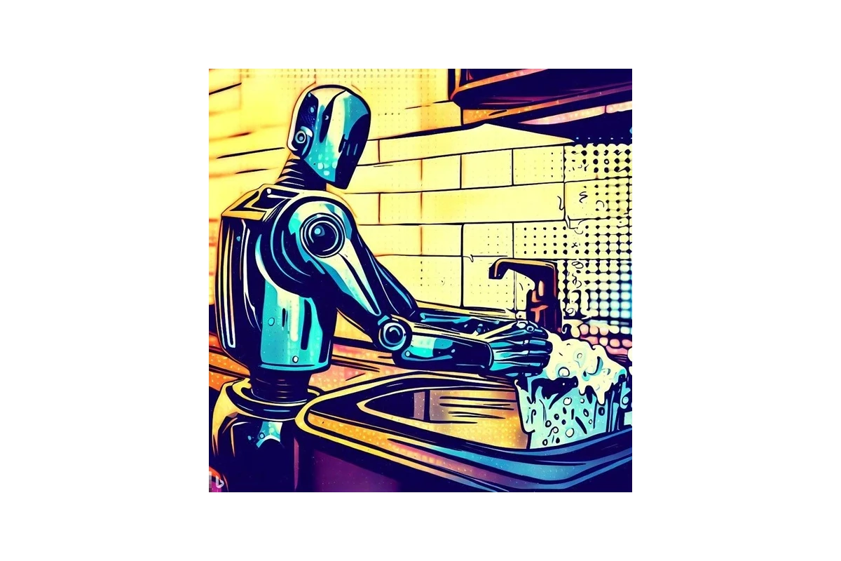 A humanoid robot washing the dishes